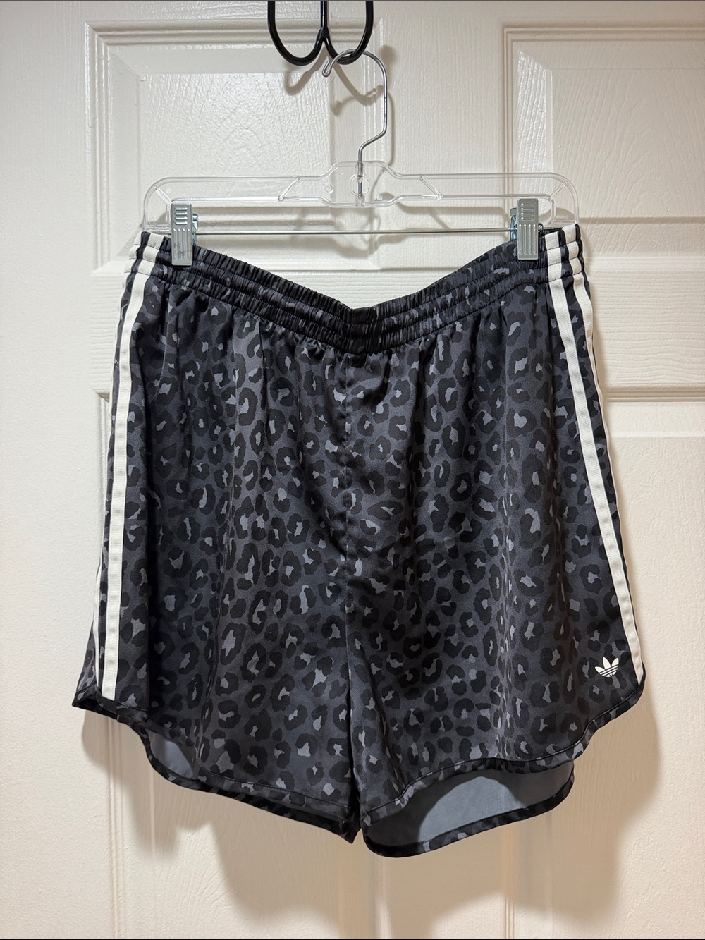 adidas satin Black & White Leopard-Print Athletic Shorts XL